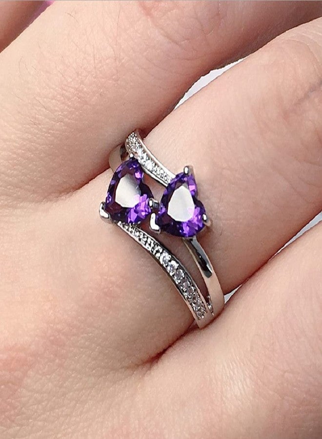 LVSHI Romantic 925 Sterling Silver Purple Amethyst Plated Promise Band Ring Wedding Purple Heart Cubic Zirconia Rings for Women (Size 6) (C2) - Image 2